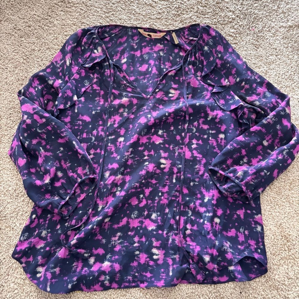 Rebecca Taylor 100% Silk Blouse Purple Blue Abstract 3/4 Sleeves Tie front XS